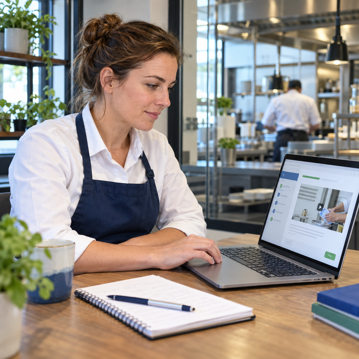 Horecamedewerker volgt een online opleiding op een laptop